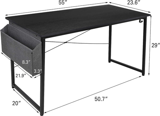 Arlopu 55'' Computer Desk, Home Office Desk with Side Storage Bag, Modern Simple Style Writing Study Desk PC Laptop Table