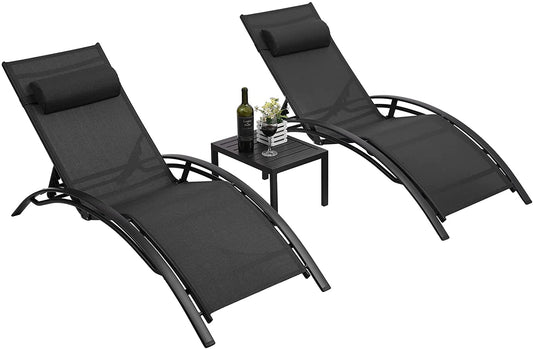 Arlopu 3pcs Adjustable Chaise Lounge Chairs Set, Outdoor Patio Poolside Recliner Lounger Chair, Aluminum Frame