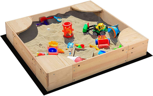 Arlopu Wooden Sandbox with Cover, Outdoor Kids Sandpit Box with 4 Built-in Corner Seats for Toddlers Age 2 to 8
