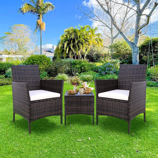 Arlopu 3 Pieces Patio Furniture Bistro Set, PE Rattan Wicker Cushioned Chairs with Coffee Table Outdoor Conversation Set