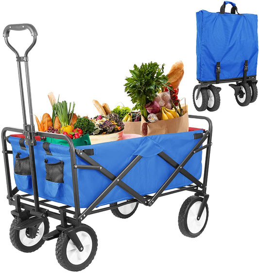 Arlopu Collapsible Wagon Cart, Folding Utility Beach Wagon Outdoor Grocery Shopping Cart, Blue