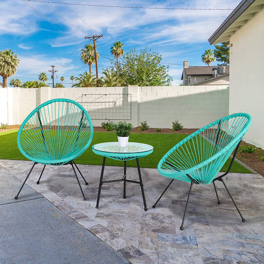Arlopu 3-Piece All Weather Acapulco Set Patio Conversation Bistro Set Outdoor Furniture With Plastic Rope 2 Chairs and Glass Top Table