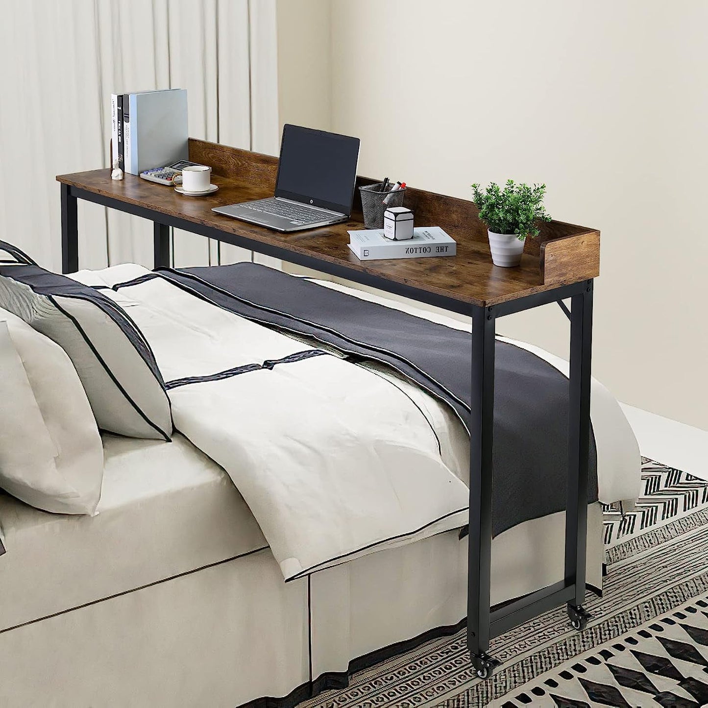 Arlopu 70.8'' Overbed Table with Wheels for Full/Queen Size Bed Frame, Mobile Computer Desk Standing Workstation Laptop Cart