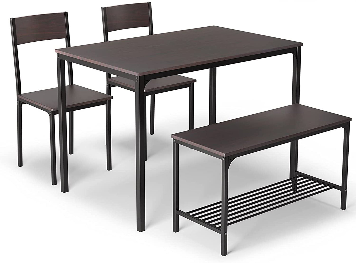 Arlopu 4 Pieces Dining Table Set, 43'' Wooden Kitchen Table with 2 Chairs & Bench for Dining Room (Brown)