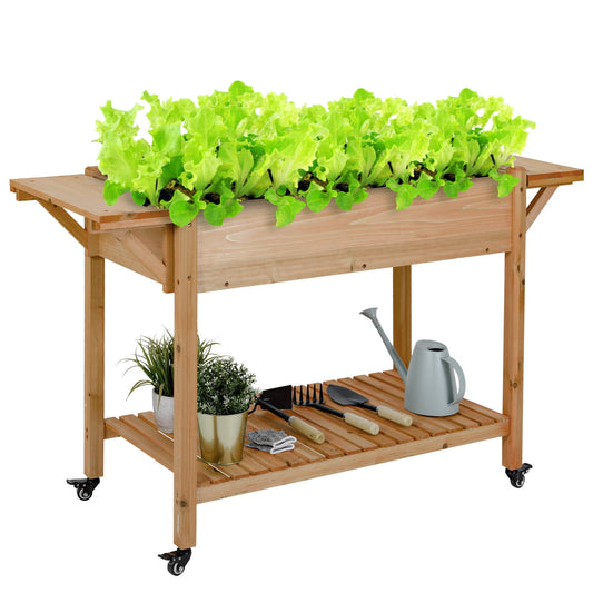 Arlopu Raised Garden Bed with Wheels, Elevated Wood Planter Box with Side Tables and Open Shelf for Outdoor Patio Garden