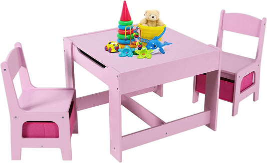 Arlopu Kids Table and 2 Chairs Set, Wooden Activity Table with Storage Drawer, Detachable Tabletop Toddler Table and Chair Set for Drawing Reading Arts & Crafts