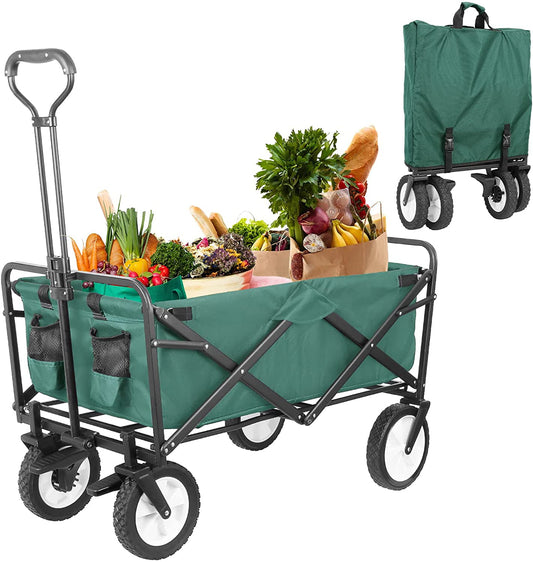 Arlopu Collapsible Wagon Garden Cart, Folding Utility Beach Wagon, Outdoor Grocery Cart with Brake Wheels, Wagon Cart for Camping, Shopping, Picnic, Sports, Adjustable Handle