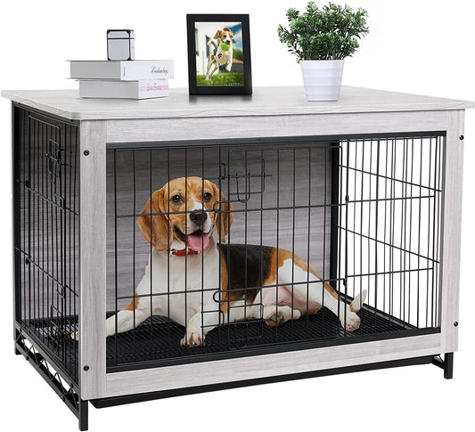 Arlopu 29.1'' Dog Crate Furniture, Wooden Side End Table, Modern Dog Kennel with Double Doors, Heavy-Duty Dog Cage with Pull-Out Removable Tray, Indoor Small Pet House Furniture