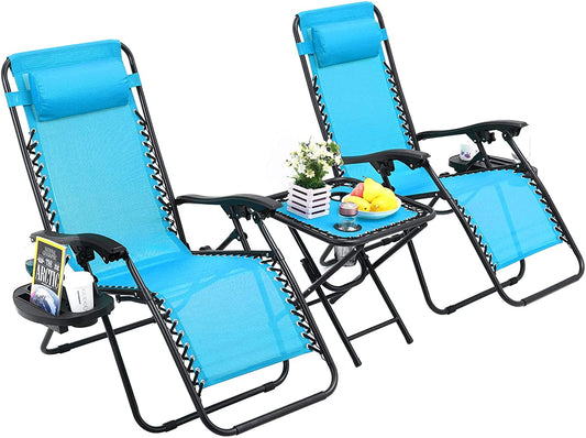 Arlopu Zero Gravity Lounge Chair Set of 3, Folding Recliner Patio Lounge Chairs with Side Table, Adjustable Pillows, for Poolside, Yard, Camping