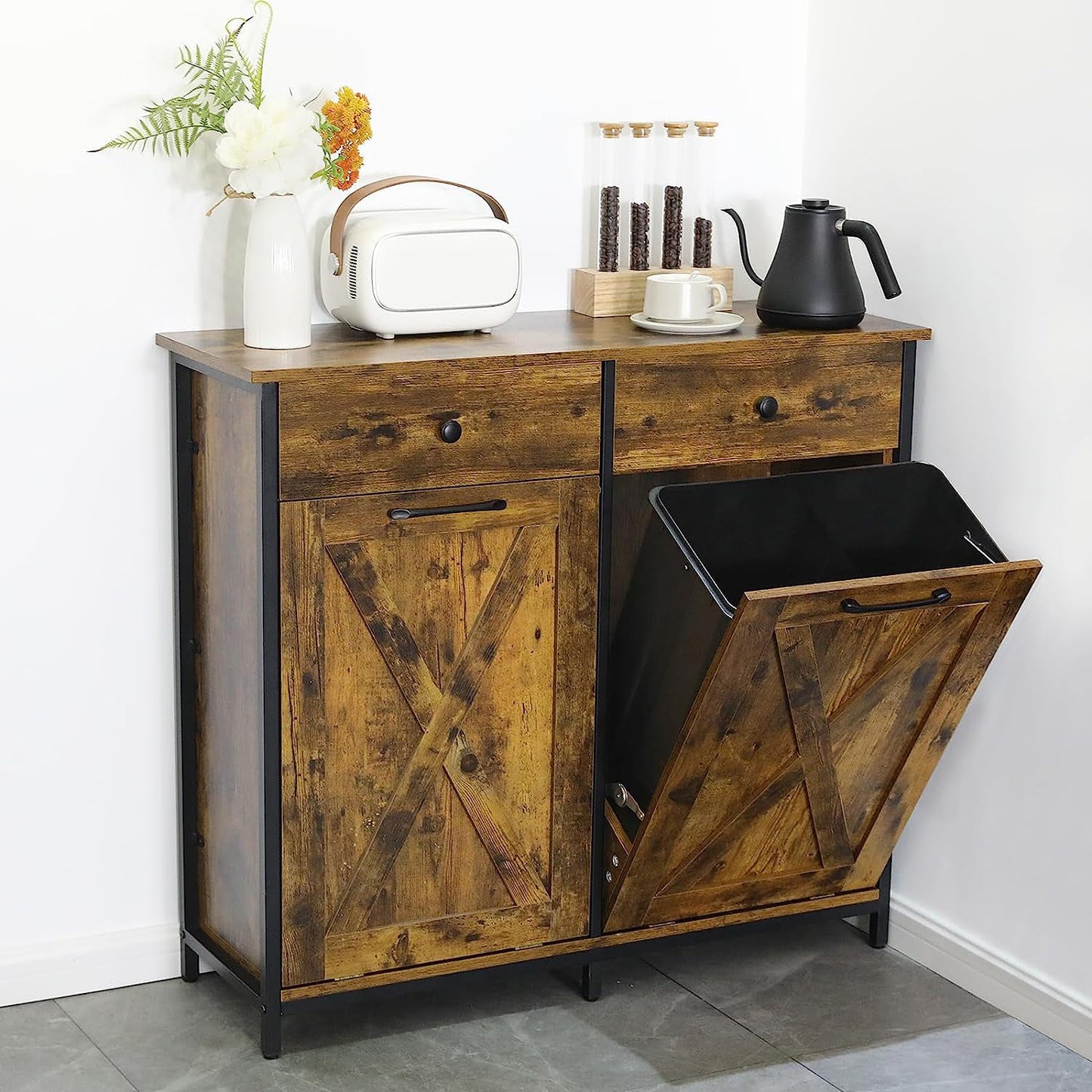 Arlopu Double Tilt Out Trash Cabinet, 2 x 10 Gallon Freestanding Garbage Bin Holder Wooden Laundry Sorter Cabinet with Drawer for Kitchen, Living Room