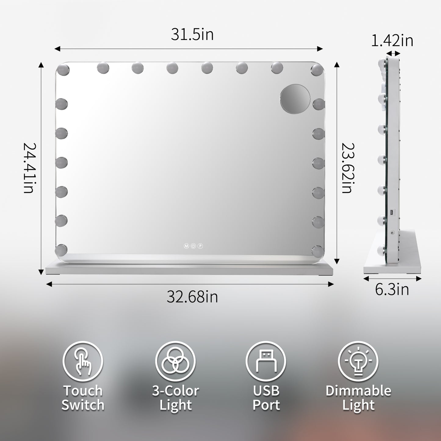 Arlopu 32" x 24" Large Hollywood Vanity Mirror with Lights, 10X Magnification and USB Charging Port