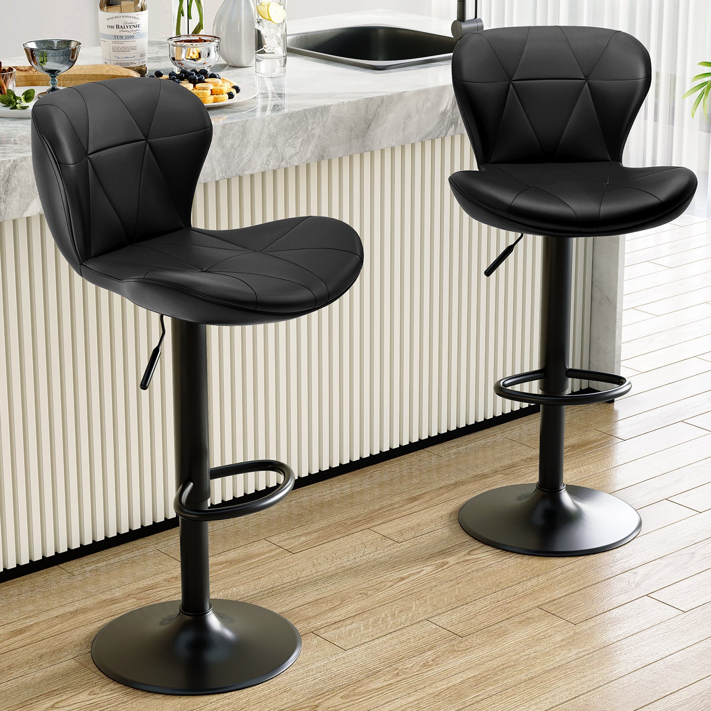 Arlopu Adjustable Bar Stools Set of 2, Swivel Metal Bar Stools with Back and Footrest, PU Leather, Counter Height Barstools for Bar/Kitchen/Dining Room