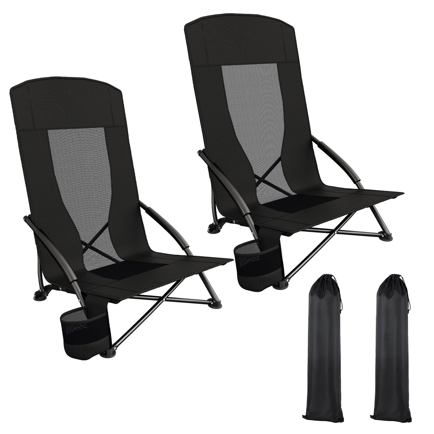 Arlopu 28.5″ 2pcs Folding Beach Chairs W/ Carry Bag, Portable Low Beach Chair w/ Carry Bag & Cup Holder, Lightweight for Camping, Outdoor, Travel, 350LBS