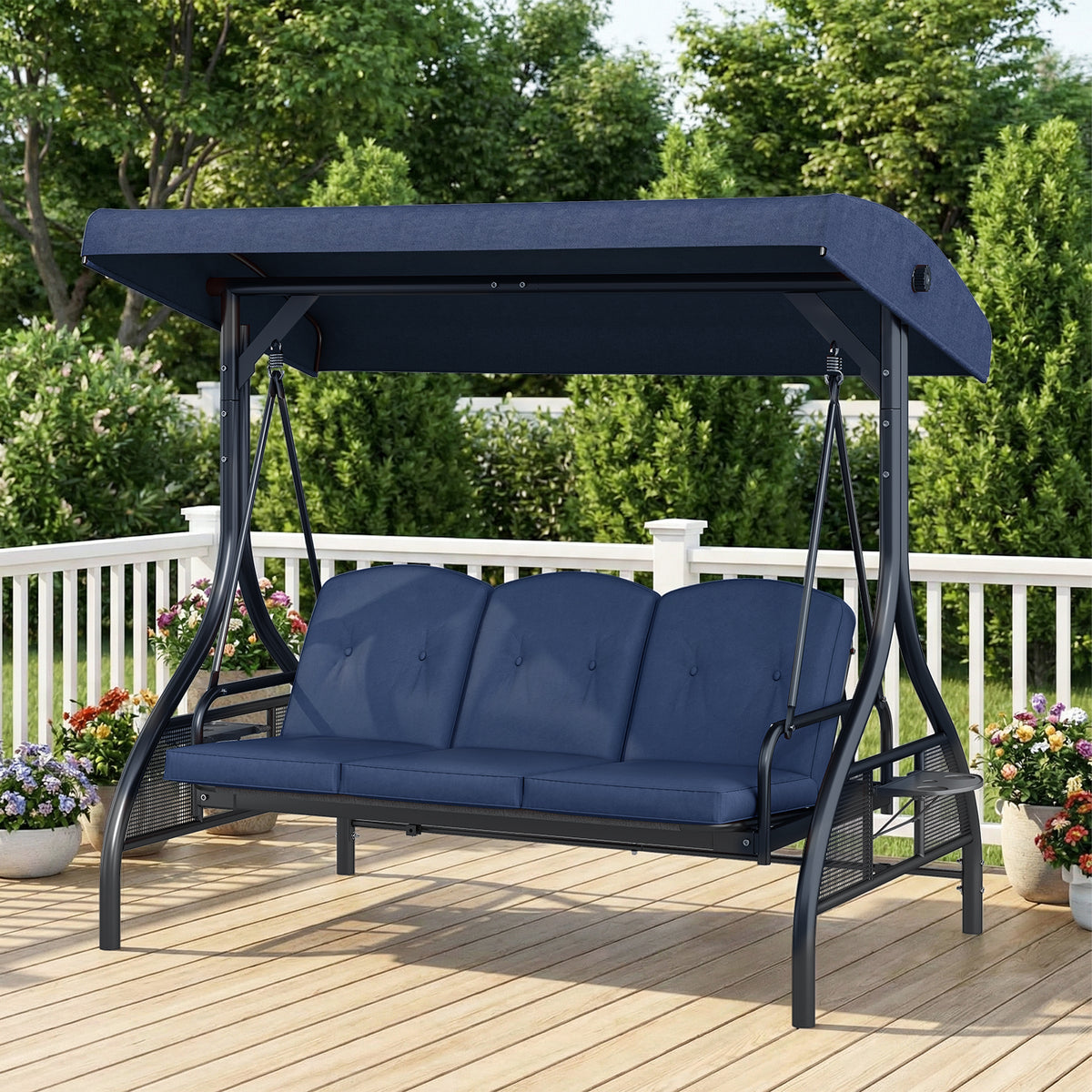 Arlopu 3-Seat Porch Swing with Cup Holder, Outdoor Patio Swing Chair with Adjustable Canopy & Removable Cushions, Swing Glider for Garden Poolside Backyard, Gray