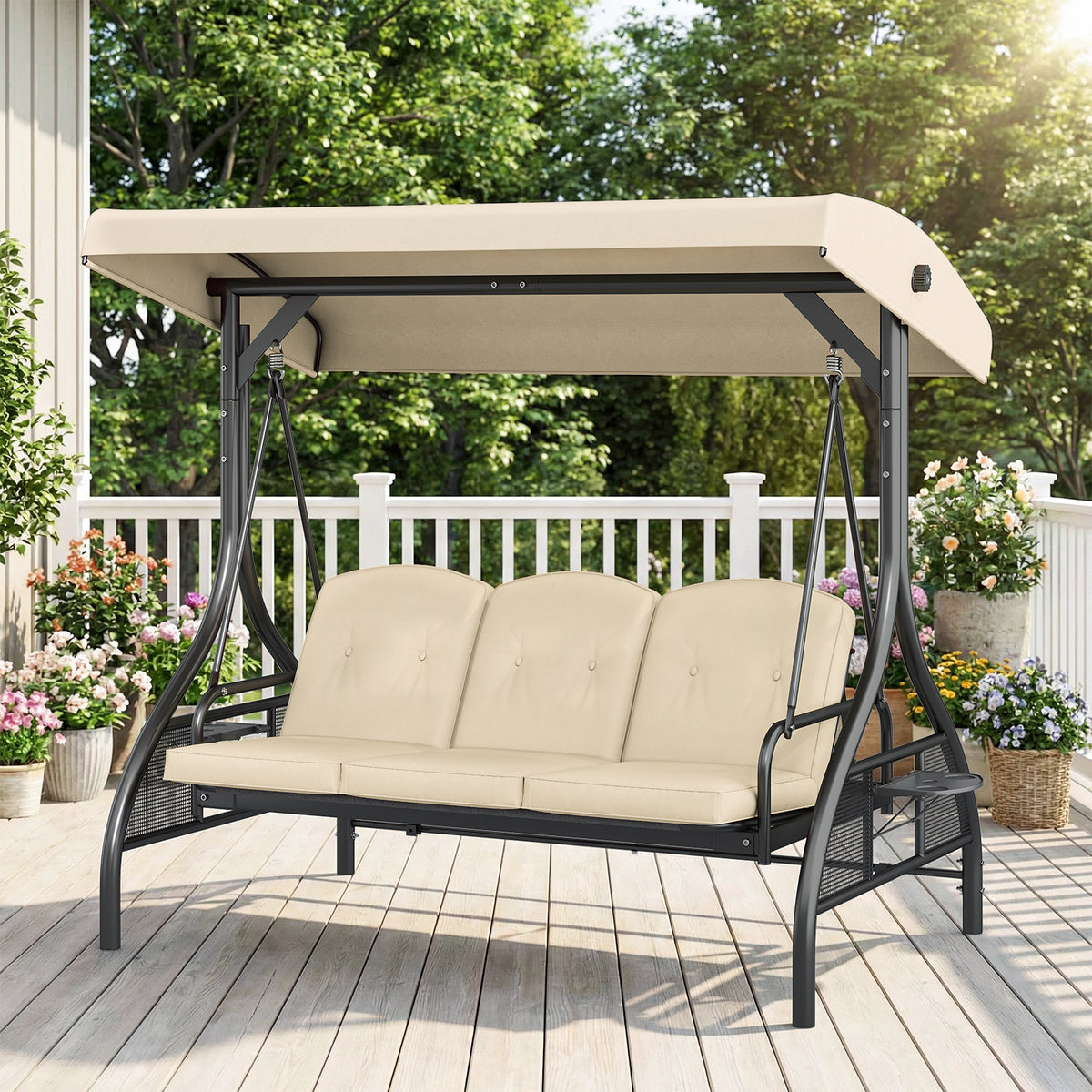 Arlopu 3-Seat Porch Swing with Cup Holder, Outdoor Patio Swing Chair with Adjustable Canopy & Removable Cushions, Swing Glider for Garden Poolside Backyard, Gray