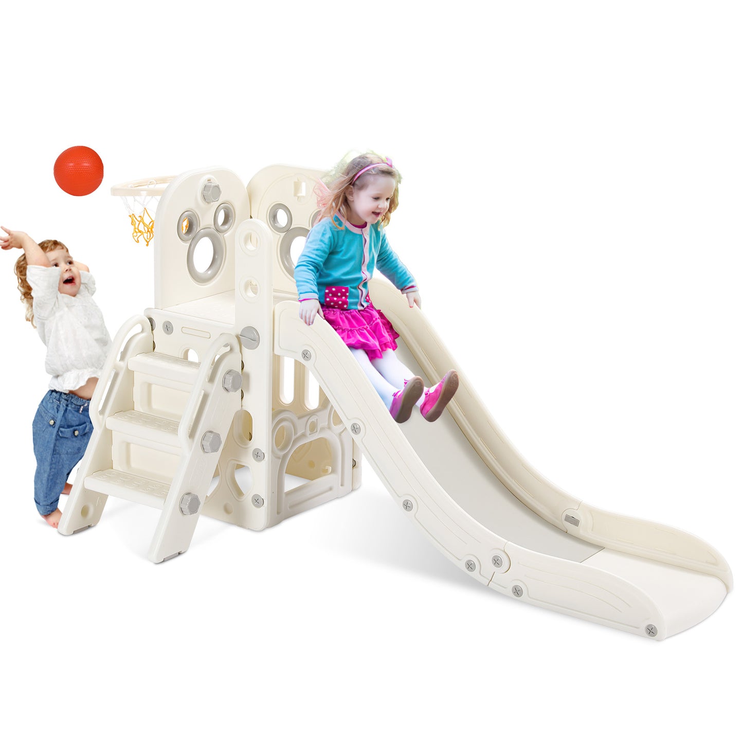 Arlopu Kids Slide L-Shaped, 4 in 1 Slide Climber for Toddler, with Ball & Hoop, Storage Space and Non-Slip Steps, Indoor Outdoor Baby Playset, Ideal Gift for Boys and Girls 3 Years+