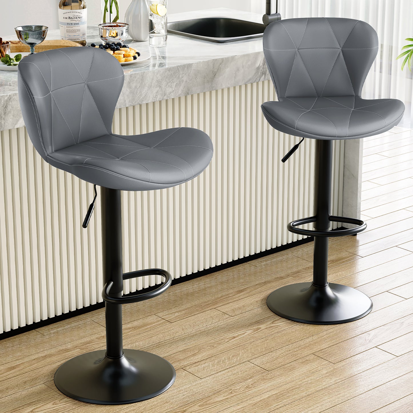 Arlopu Adjustable Bar Stools Set of 2, Swivel Metal Bar Stools with Back and Footrest, PU Leather, Counter Height Barstools for Bar/Kitchen/Dining Room