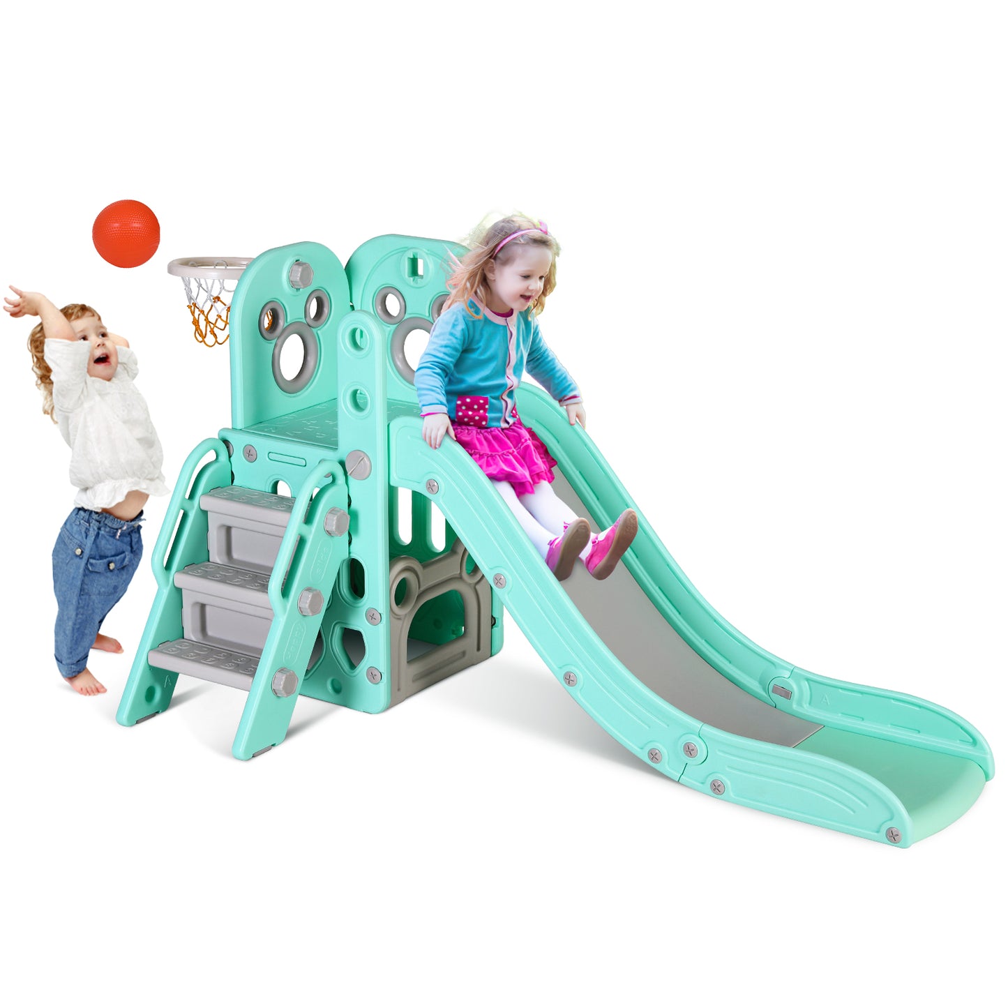 Arlopu Large Kids Slide, 4 in 1 Sturdy Toddler Slide Climber Playset with Basketball Hoop & Ball, Storage Space and Non-Slip Steps, Indoor Outdoor Toy for Children 2 Years +