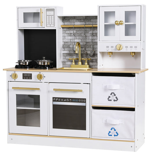 Arlopu Kids Pretend Play Kitchen Set, Wooden Kitchen Cooking Playset with 2 Fabric Storage Boxes