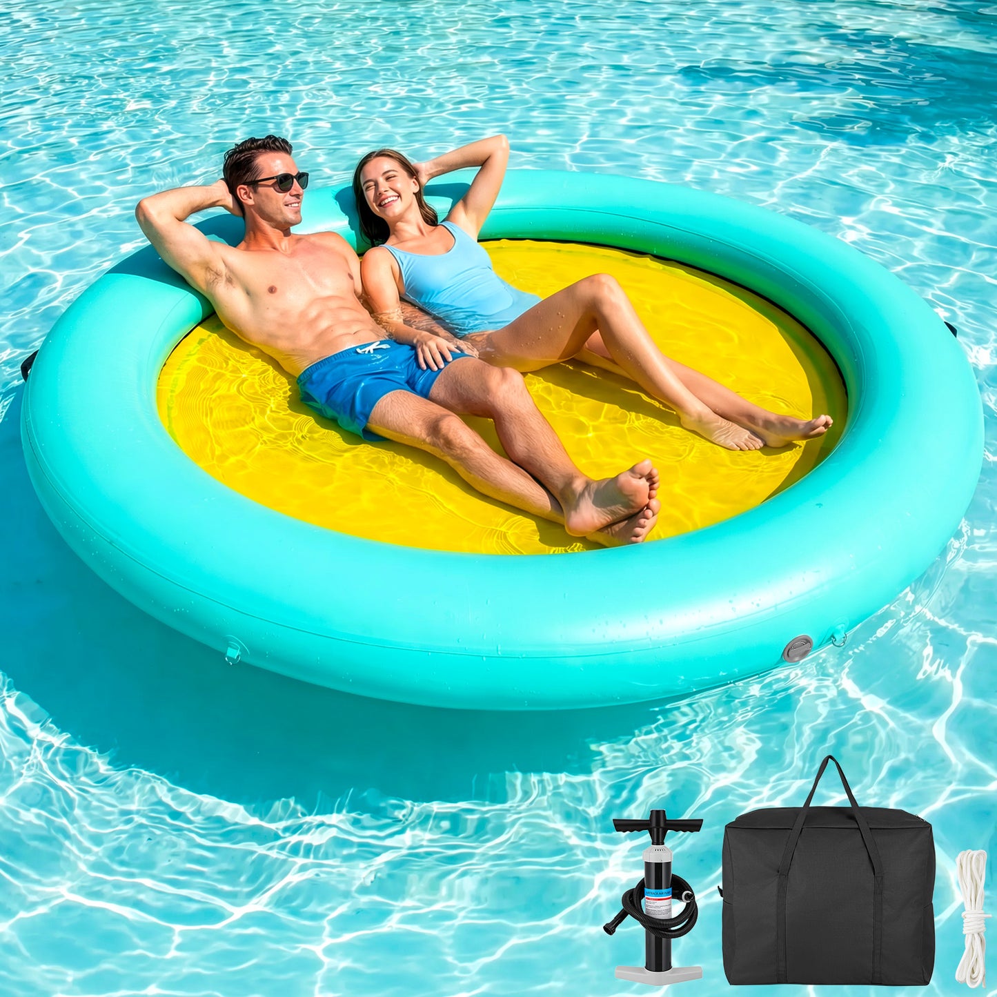 Arlopu 8FT Round Floating Inflatable Water Hammock, Heavy Duty Hammock Pool Lounger with Pump, for Lake, Ocean & Pool