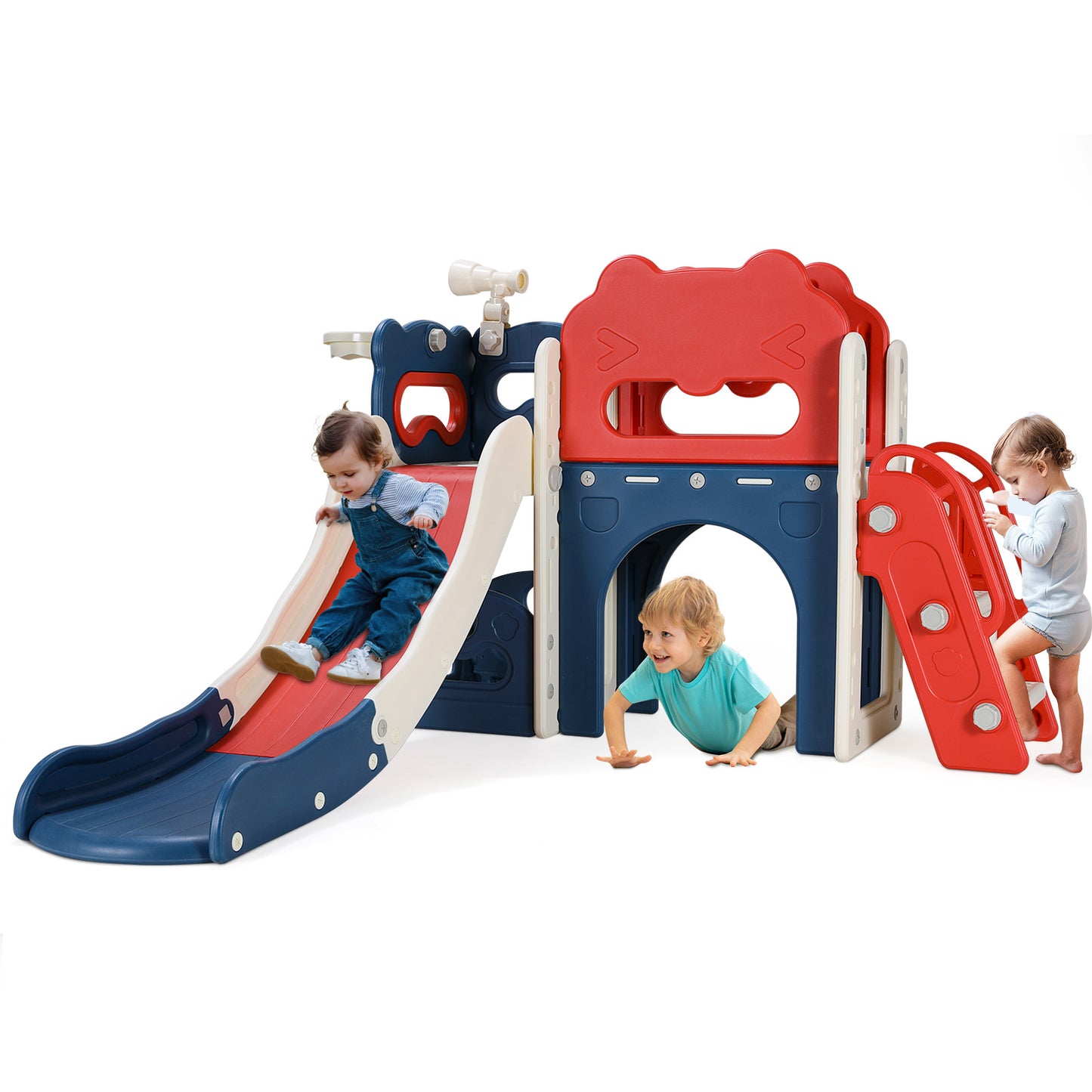 Arlopu Sturdy Kids Slide, Freestanding Toddler Slide Play Climber Indoor Outdoor Playground with Telescope, Tunnel, Storage Space, Basketball Hoop and Ball