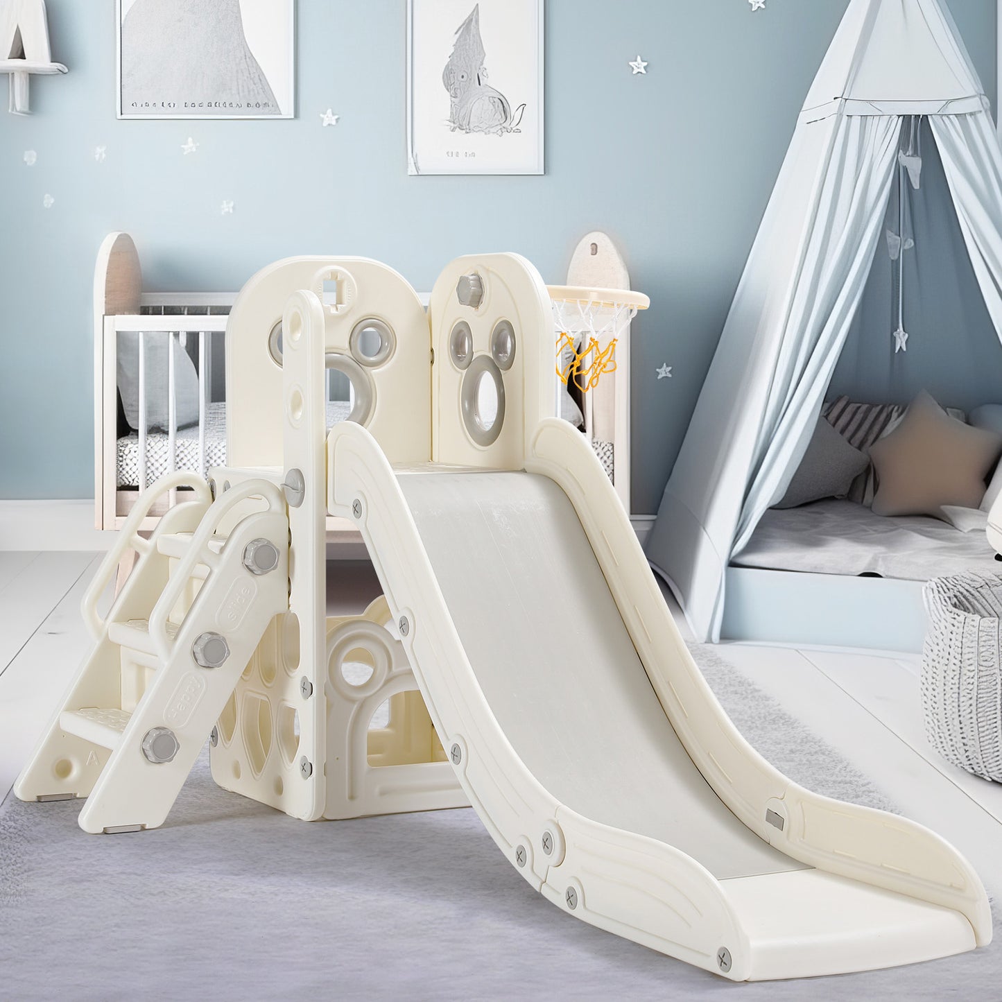 Arlopu Kids Slide L-Shaped, 4 in 1 Slide Climber for Toddler, with Ball & Hoop, Storage Space and Non-Slip Steps, Indoor Outdoor Baby Playset, Ideal Gift for Boys and Girls 3 Years+