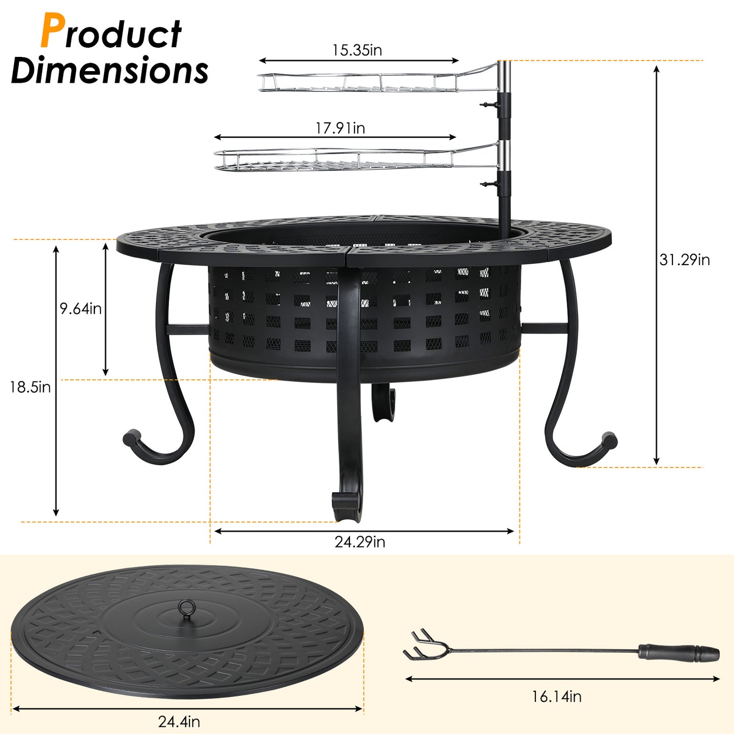 Arlopu 37" Outdoor Fire Pit, 3 in 1 Wood Burning Fire Pit with Lid and Fire Poker