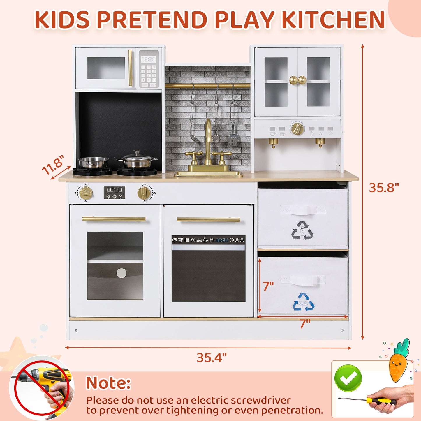 Arlopu Kids Pretend Play Kitchen Set, Wooden Kitchen Cooking Playset with 2 Fabric Storage Boxes