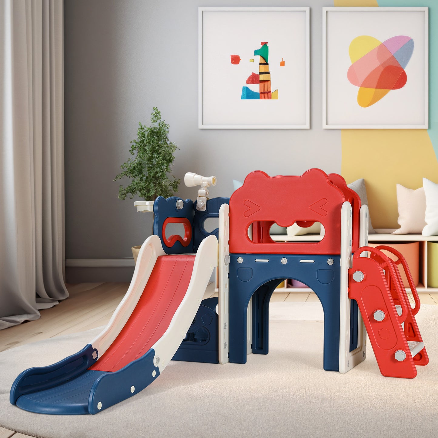 Arlopu Sturdy Kids Slide, Freestanding Toddler Slide Play Climber Indoor Outdoor Playground with Telescope, Tunnel, Storage Space, Basketball Hoop and Ball