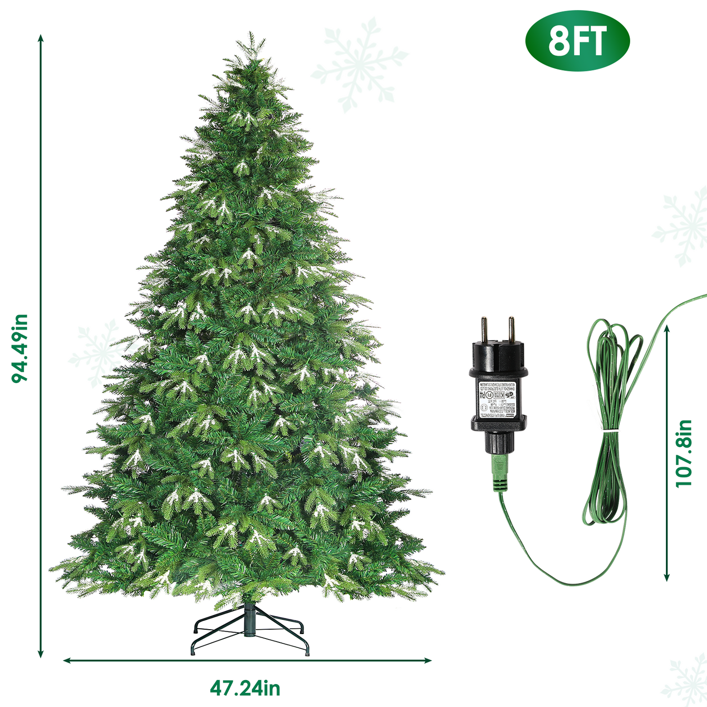 Arlopu 6/8/9ft Pre-lit Christmas Tree, Hinged Artificial Christmas Tree with Ice Crystal Snow, 250 Warm White Lights