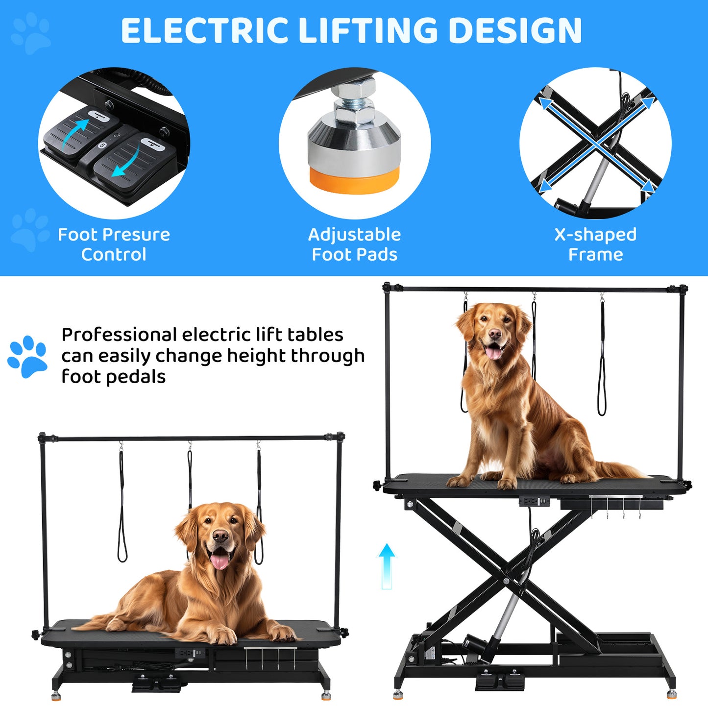 Arlopu 49.2” Electric Dog Grooming Table, Professional Heavy Duty Pet Hydraulic Grooming Table w/Overhead Arm, 3 Noose & Multi-hole Socket, Height Adjustable Grooming Station For Large Dogs