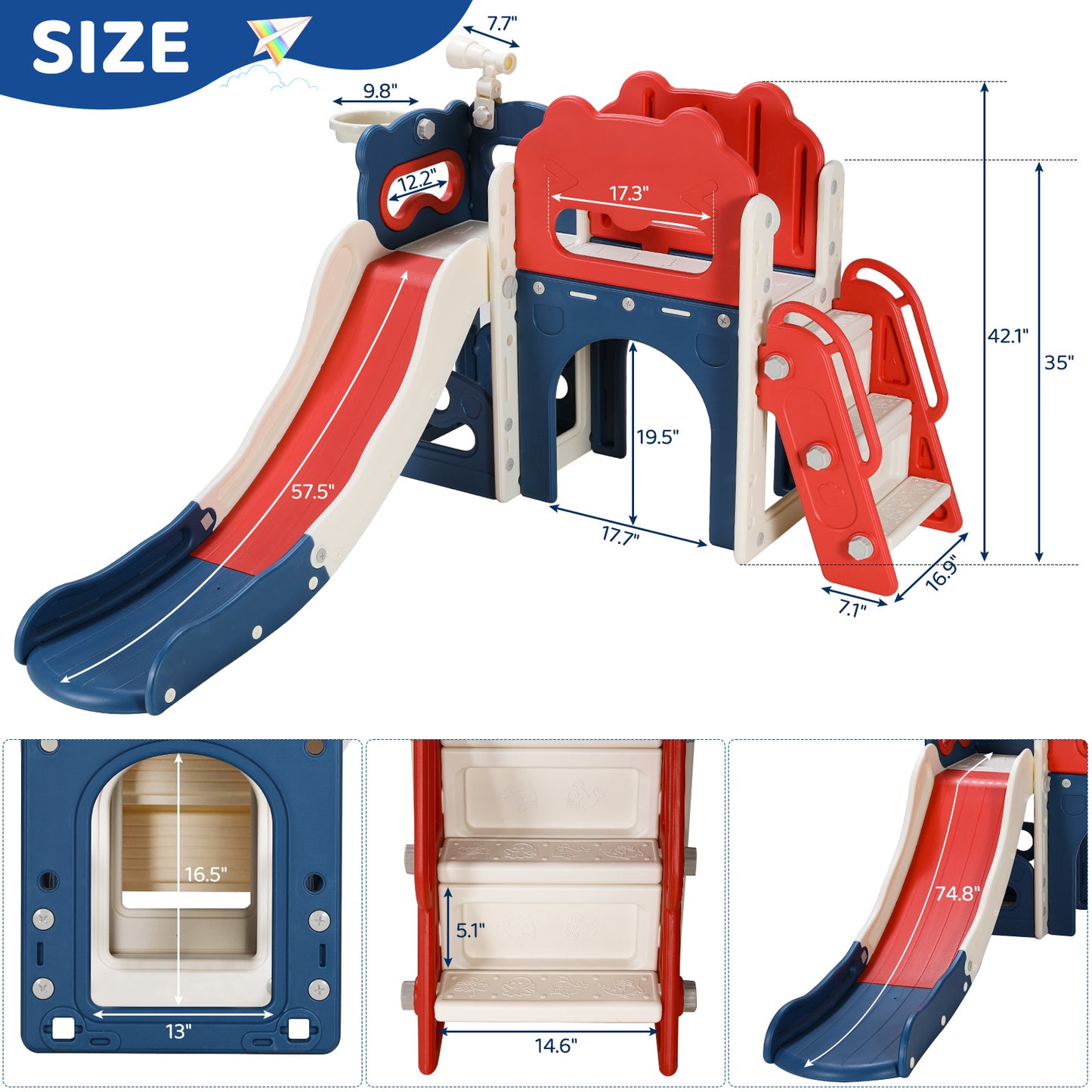 Arlopu Sturdy Kids Slide, Freestanding Toddler Slide Play Climber Indoor Outdoor Playground with Telescope, Tunnel, Storage Space, Basketball Hoop and Ball