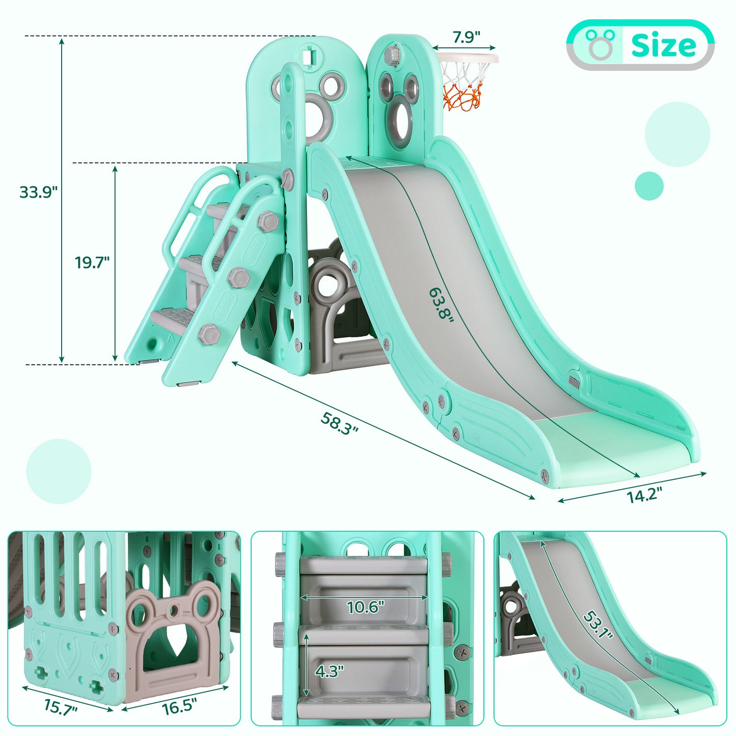 Arlopu Large Kids Slide, 4 in 1 Sturdy Toddler Slide Climber Playset with Basketball Hoop & Ball, Storage Space and Non-Slip Steps, Indoor Outdoor Toy for Children 2 Years +