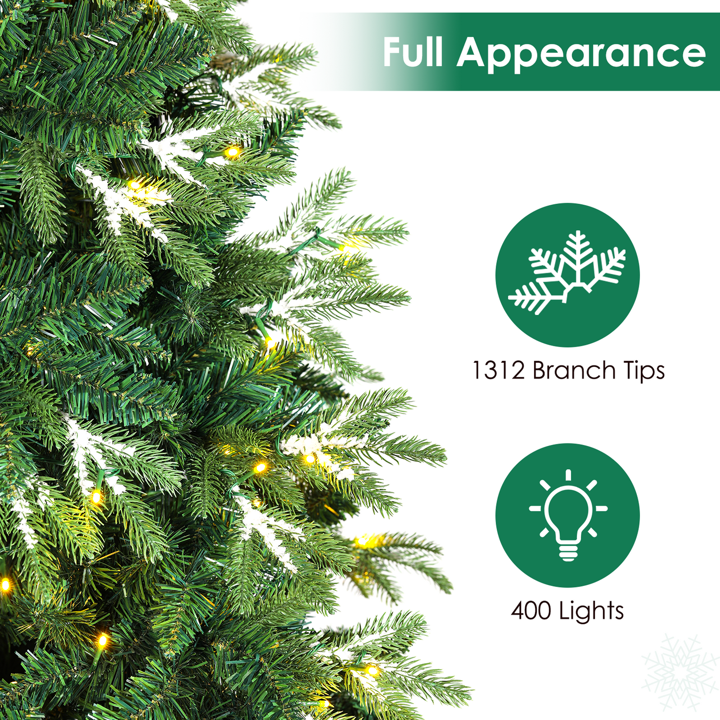 Arlopu 6/8/9ft Pre-lit Christmas Tree, Hinged Artificial Christmas Tree with Ice Crystal Snow, 250 Warm White Lights