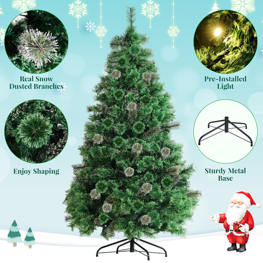 Arlopu 6ft Pre-lit Artificial Christmas Tree, Snow Dusted Prelighted Cashmere Pine Needle Xmas Tree, with 250 Warm White Lights, 550 Tips, Metal Hinges & Base Home Holiday Decor