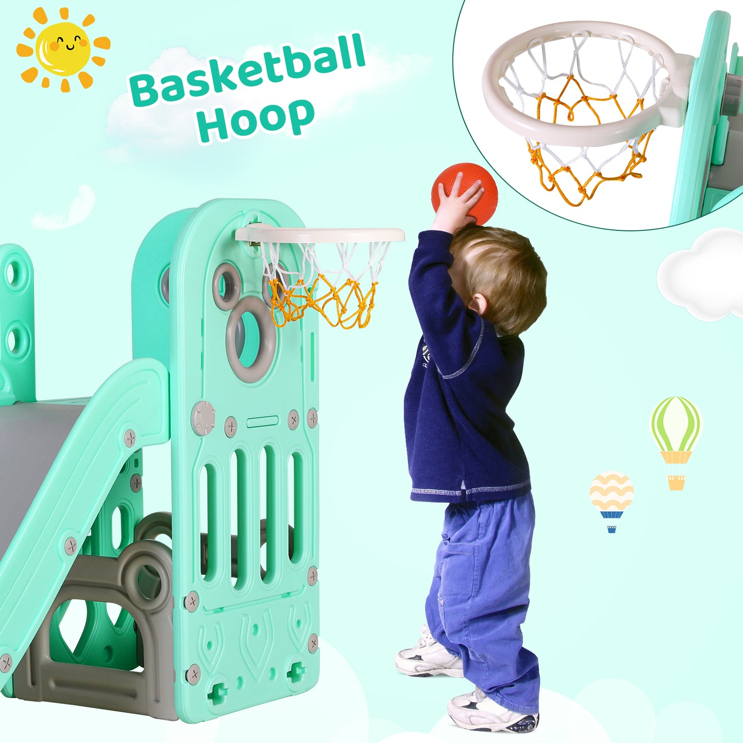 Arlopu Large Kids Slide, 4 in 1 Sturdy Toddler Slide Climber Playset with Basketball Hoop & Ball, Storage Space and Non-Slip Steps, Indoor Outdoor Toy for Children 2 Years +