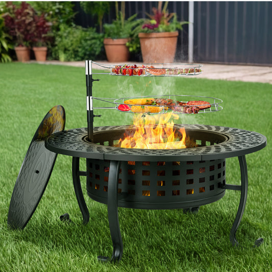 Arlopu 37" Outdoor Fire Pit, 3 in 1 Wood Burning Fire Pit with Lid and Fire Poker