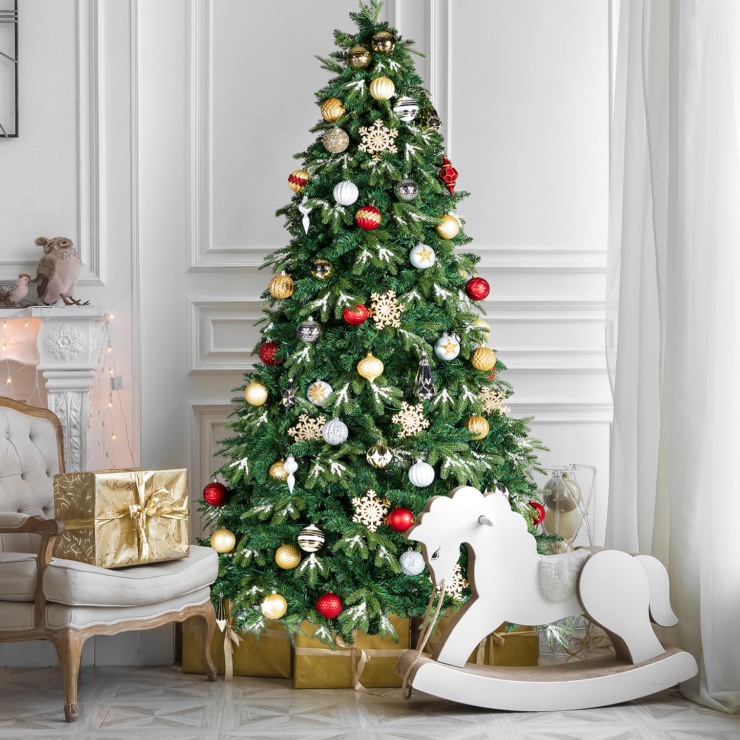 Arlopu 6/8/9ft Pre-lit Christmas Tree, Hinged Artificial Christmas Tree with Ice Crystal Snow, 250 Warm White Lights