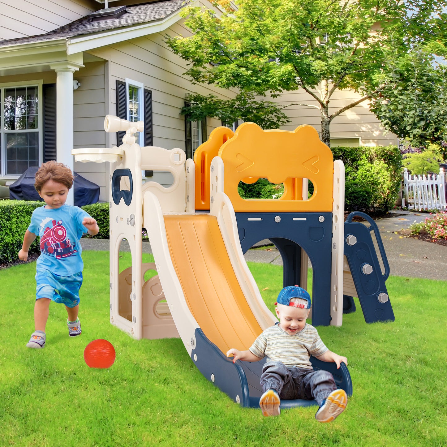 Arlopu Sturdy Kids Slide, Freestanding Toddler Slide Play Climber Indoor Outdoor Playground with Telescope, Tunnel, Storage Space, Basketball Hoop and Ball