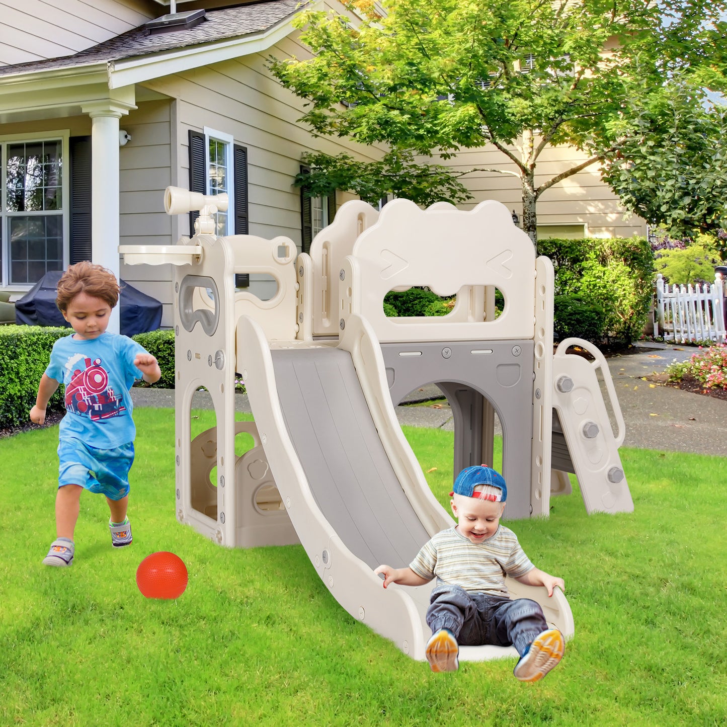 Arlopu Sturdy Kids Slide, Freestanding Toddler Slide Play Climber Indoor Outdoor Playground with Telescope, Tunnel, Storage Space, Basketball Hoop and Ball