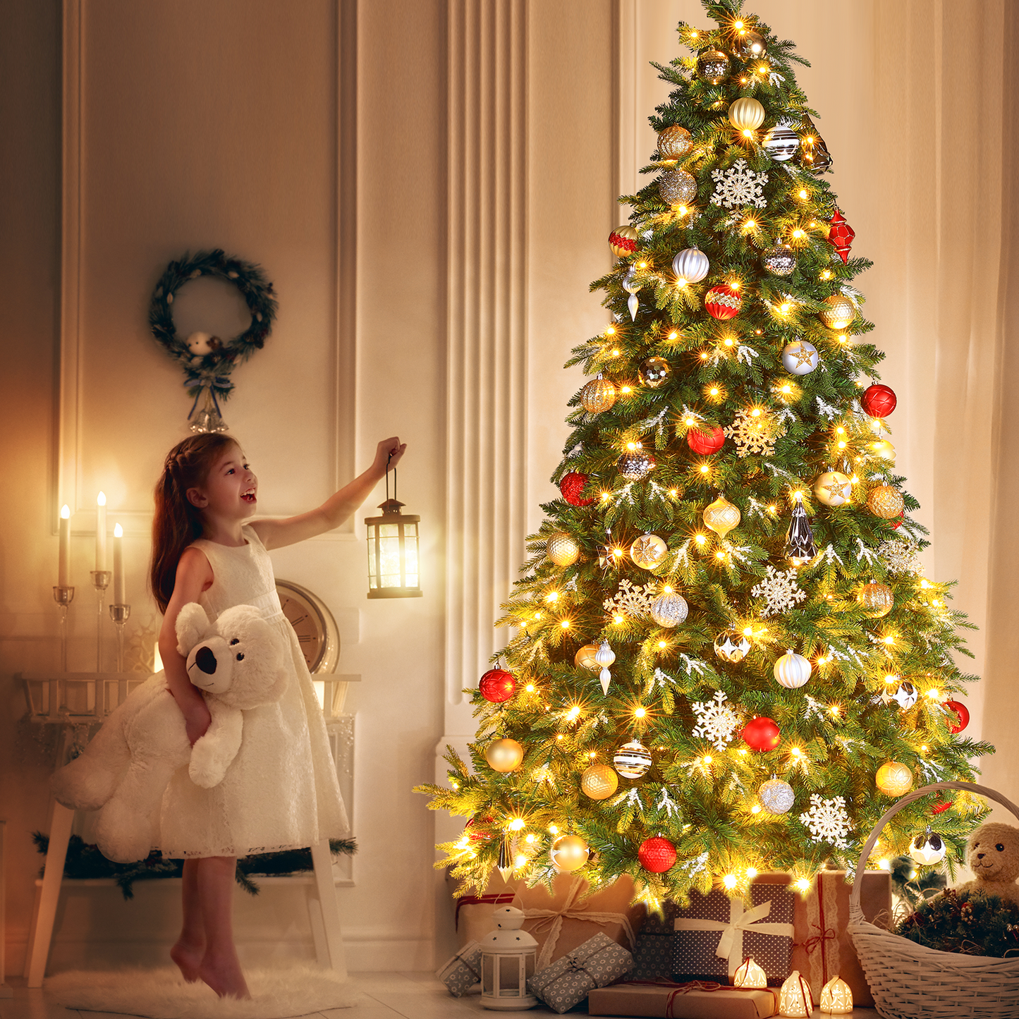 Arlopu 6/8/9ft Pre-lit Christmas Tree, Hinged Artificial Christmas Tree with Ice Crystal Snow, 250 Warm White Lights