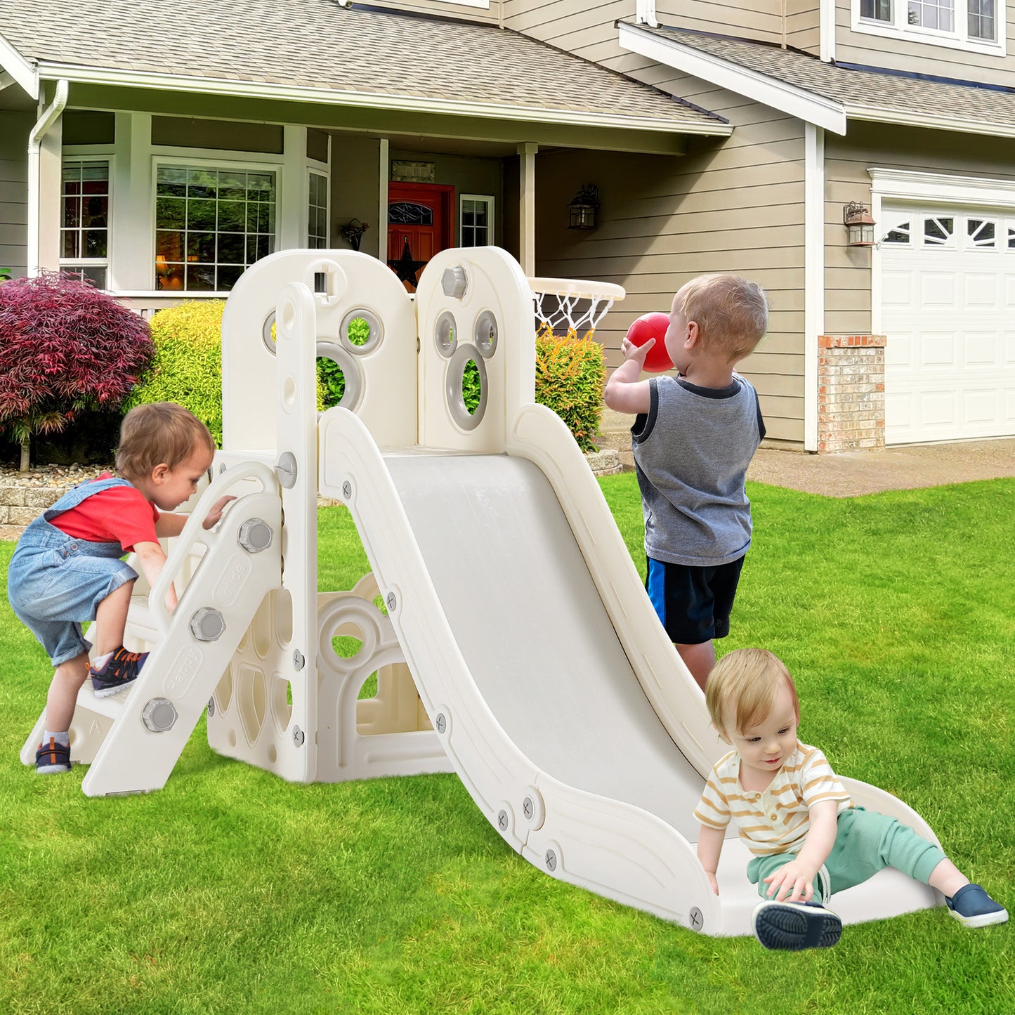 Arlopu Kids Slide L-Shaped, 4 in 1 Slide Climber for Toddler, with Ball & Hoop, Storage Space and Non-Slip Steps, Indoor Outdoor Baby Playset, Ideal Gift for Boys and Girls 3 Years+