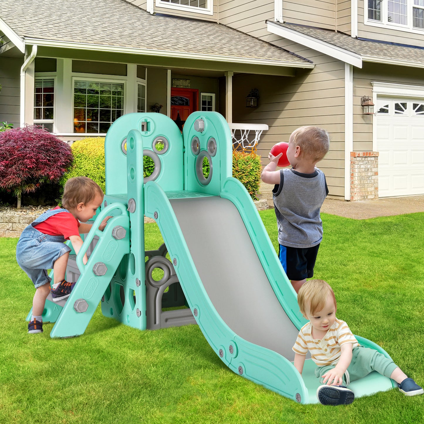 Arlopu Large Kids Slide, 4 in 1 Sturdy Toddler Slide Climber Playset with Basketball Hoop & Ball, Storage Space and Non-Slip Steps, Indoor Outdoor Toy for Children 2 Years +