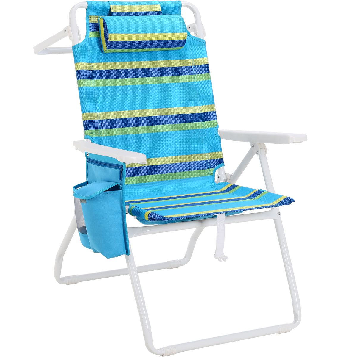 Arlopu Beach Chair, Folding High Back Beach Chair w/ 5-Position Lay Flat, Headrest, Cooler Pouch, Storage Bag, Towel Bar, Foot Mat, Outdoor Portable Camping Chair