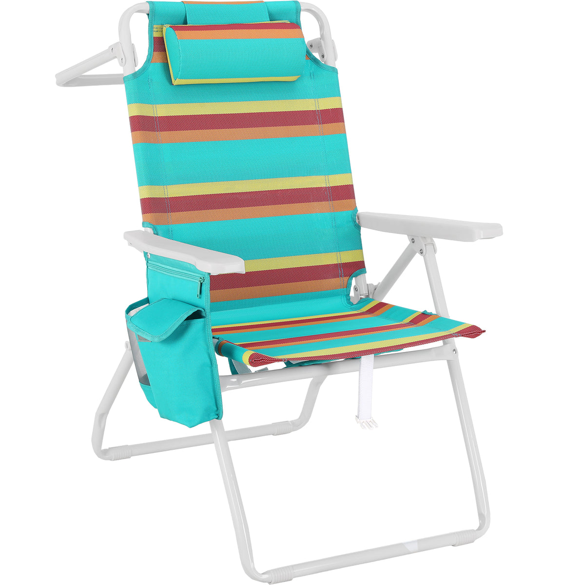 Arlopu Beach Chair, Folding High Back Beach Chair w/ 5-Position Lay Flat, Headrest, Cooler Pouch, Storage Bag, Towel Bar, Foot Mat, Outdoor Portable Camping Chair