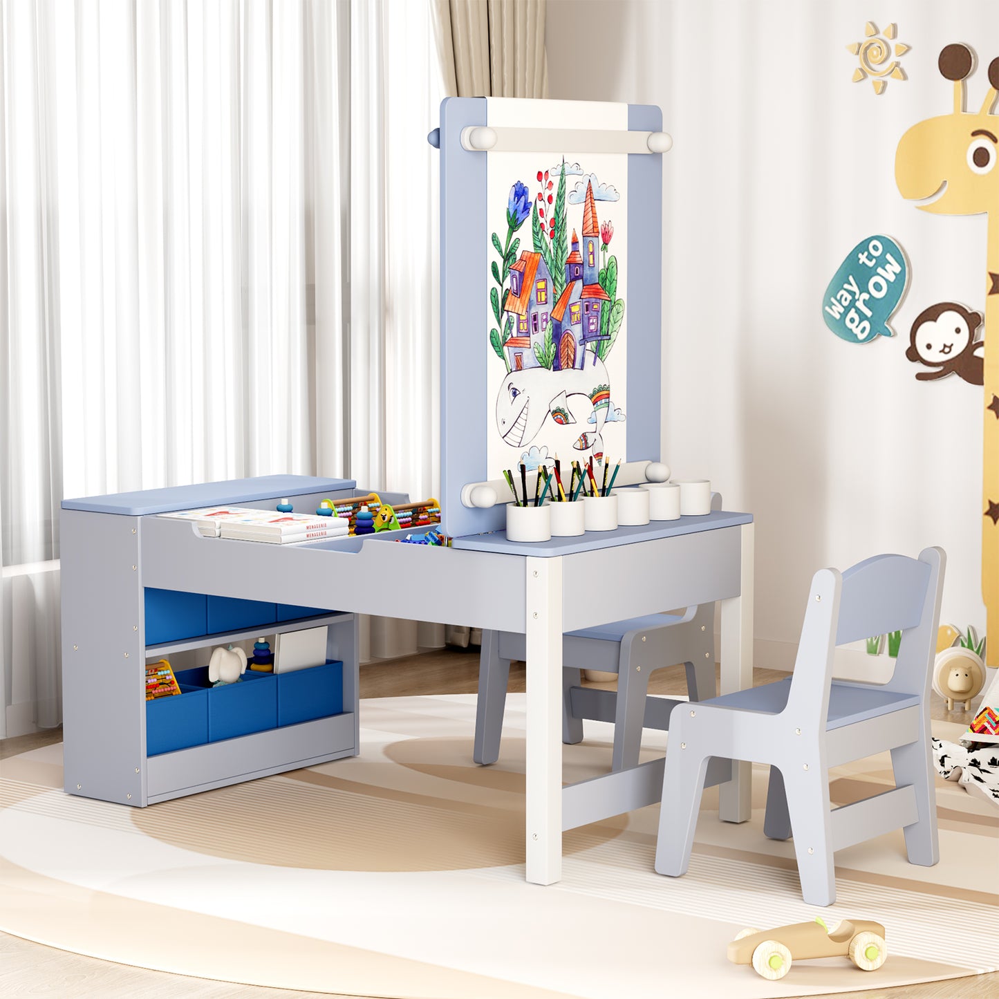 Arlopu 3 in 1 Activity Craft Table Set Kids Wooden Drawing Table Set with Art Easel Adjustable Tilt, 6 Storage Bins, 6 Paint Cup