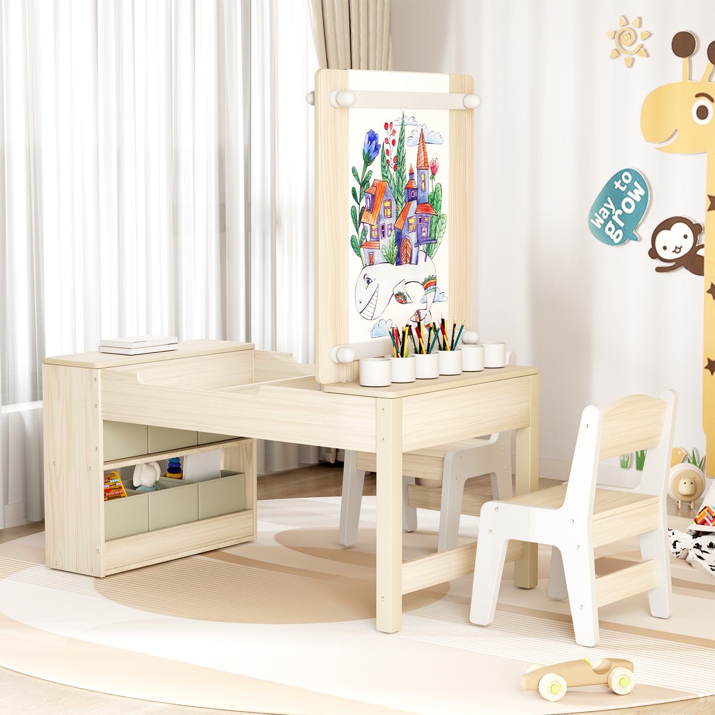 Arlopu 3 in 1 Activity Craft Table Set Kids Wooden Drawing Table Set with Art Easel Adjustable Tilt, 6 Storage Bins, 6 Paint Cup