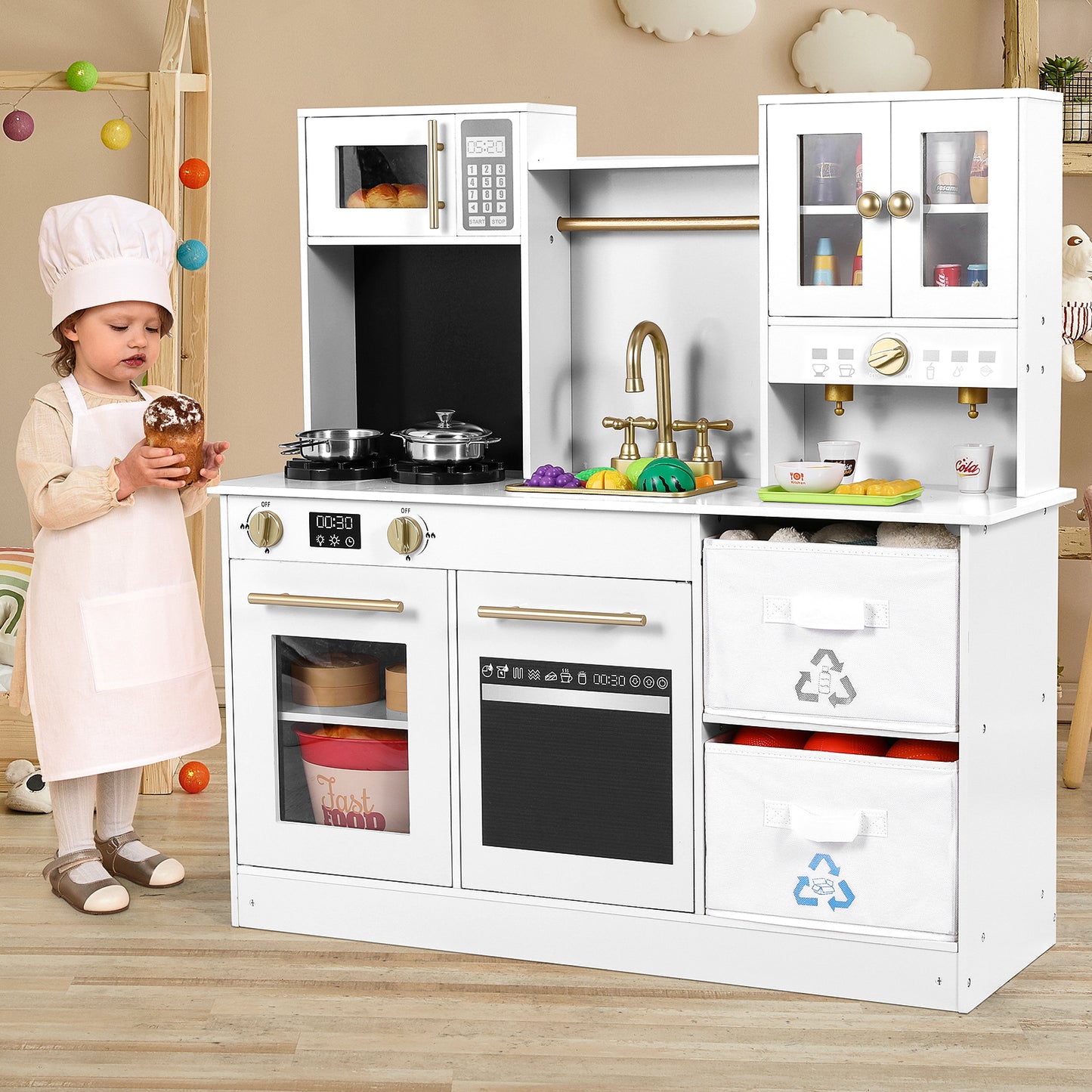 Arlopu Kids Pretend Play Kitchen Set, Wooden Kitchen Cooking Playset with 2 Fabric Storage Boxes