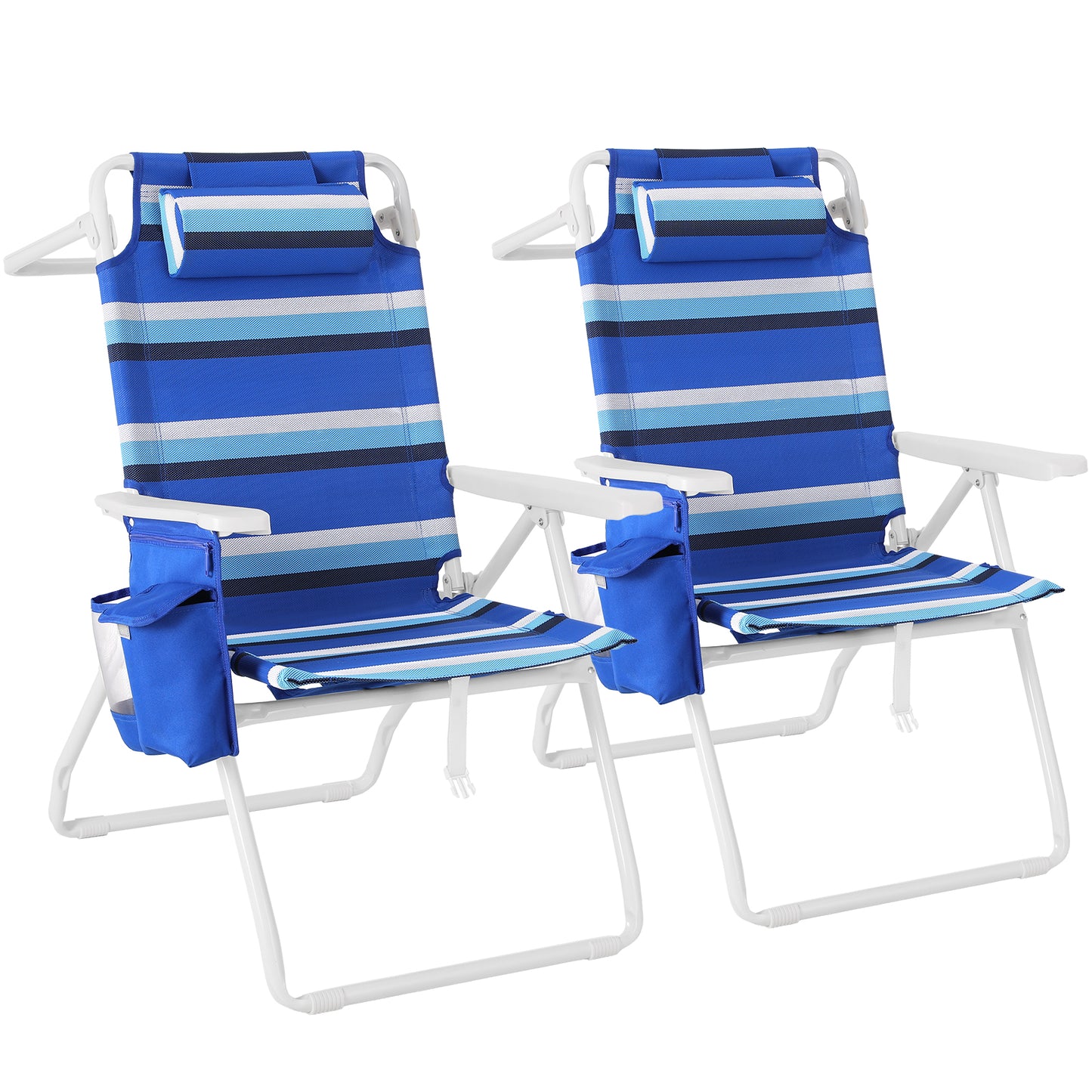 Arlopu 2pcs Folding Beach Chairs, High Back Beach Chair w/ 5-Position Lay Flat, Headrest, Cooler Pouch, Storage Bag, Towel Bar, Foot Mat, Outdoor Portable Camping Chair
