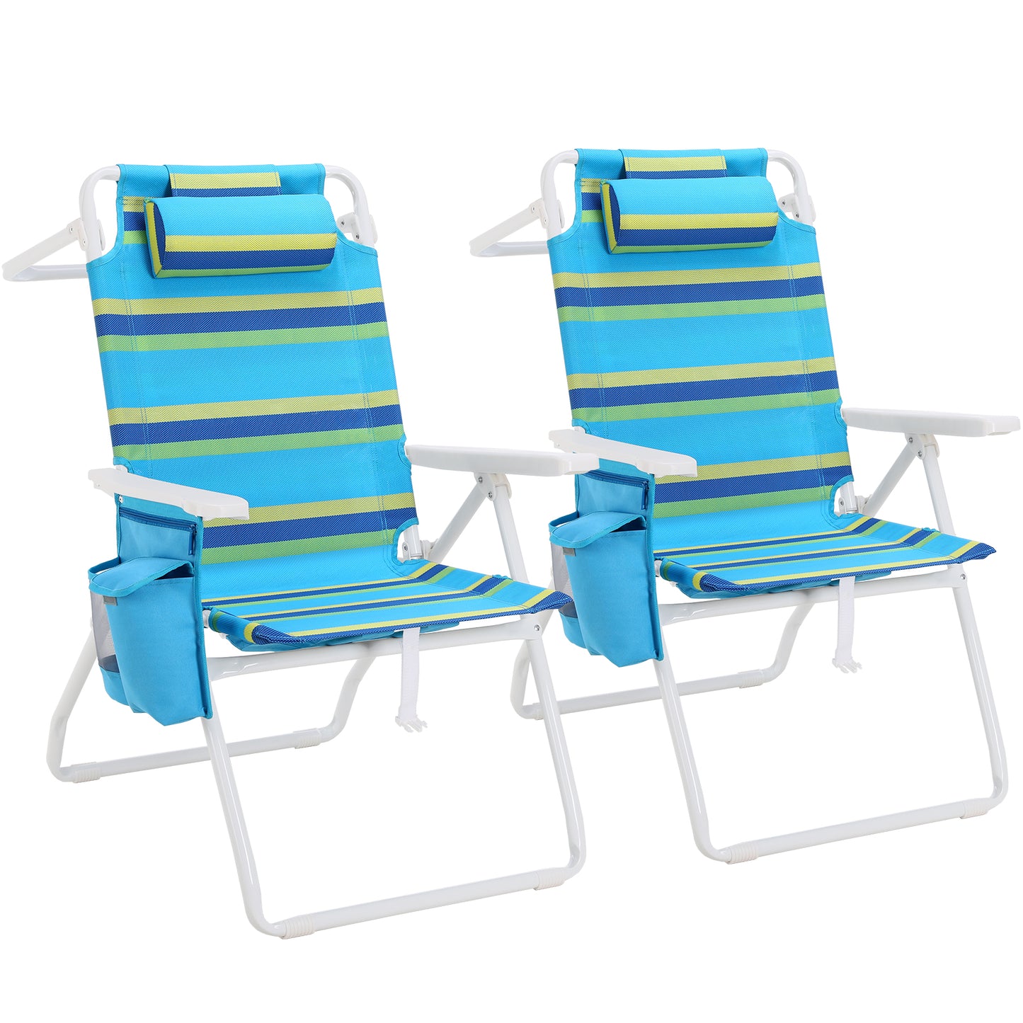 Arlopu 2pcs Folding Beach Chairs, High Back Beach Chair w/ 5-Position Lay Flat, Headrest, Cooler Pouch, Storage Bag, Towel Bar, Foot Mat, Outdoor Portable Camping Chair